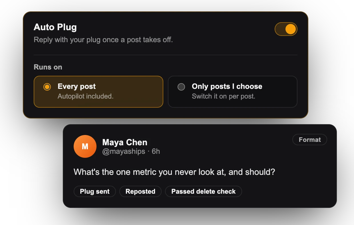 Auto Plug set to run on every post above a published post showing Plug sent and Reposted