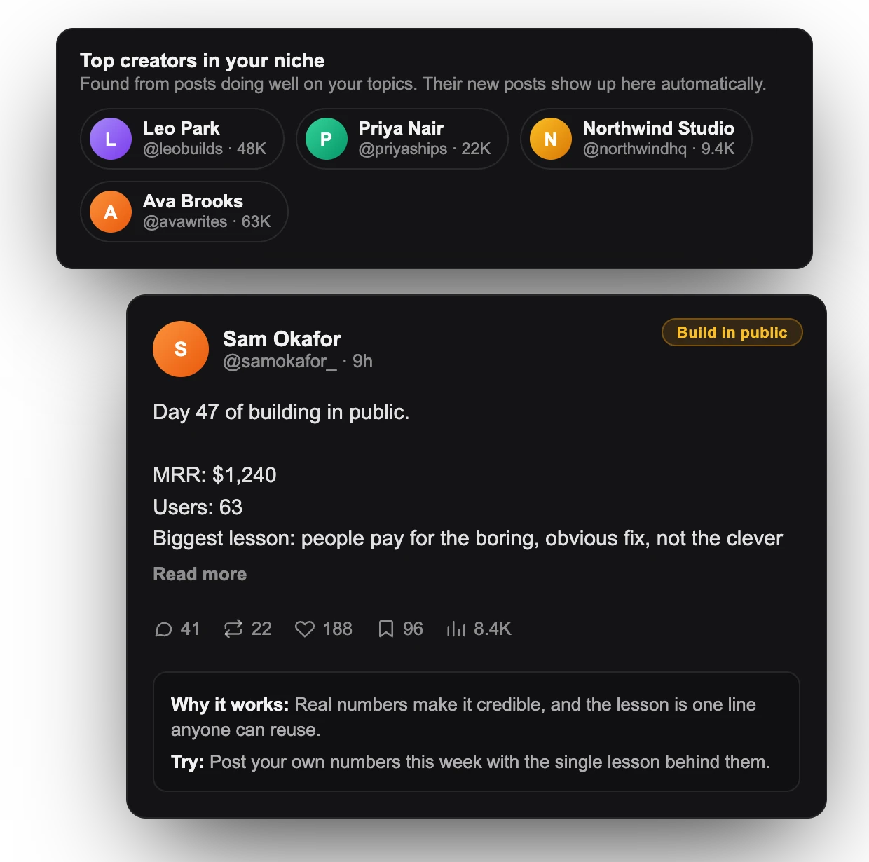 Top creators in your niche above a post with notes on why it works and what to try