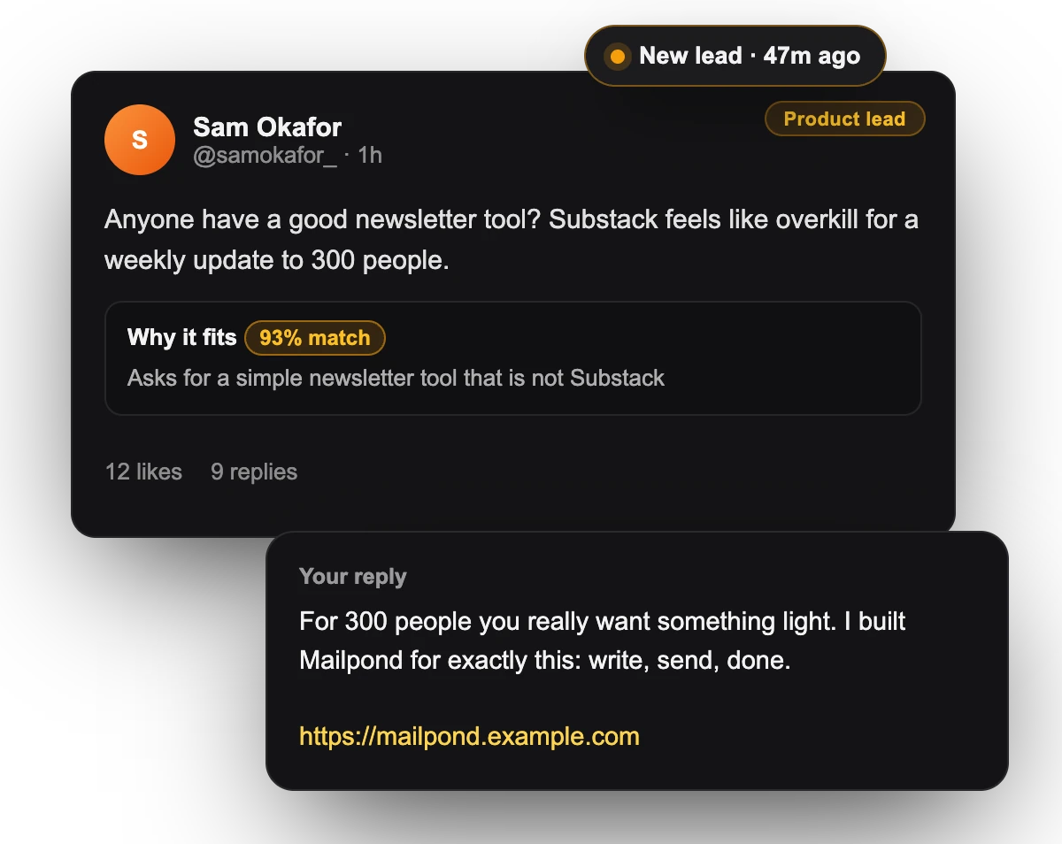 A product lead with a 93% match and a drafted reply that includes the product link