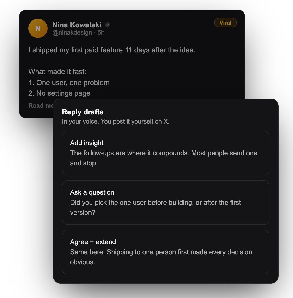 Three reply drafts for a post: add insight, ask a question, agree and extend